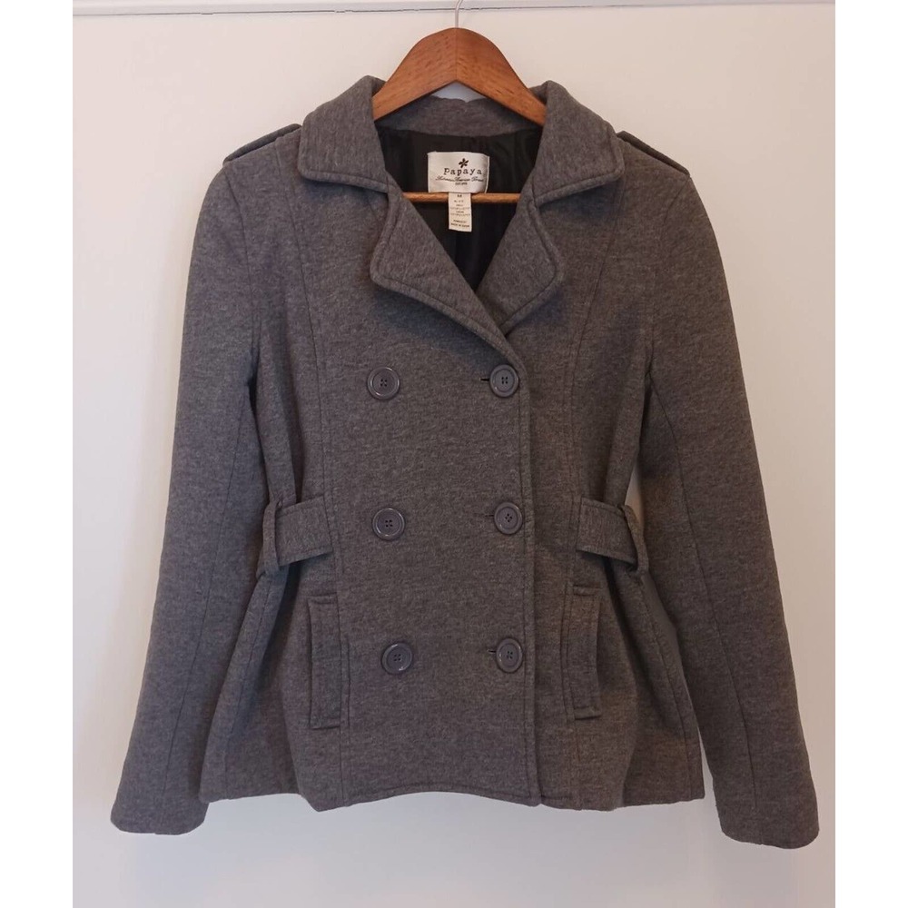 Women's Charcoal Gray Double-Breasted Peacoat Size Medium with Belt Accent